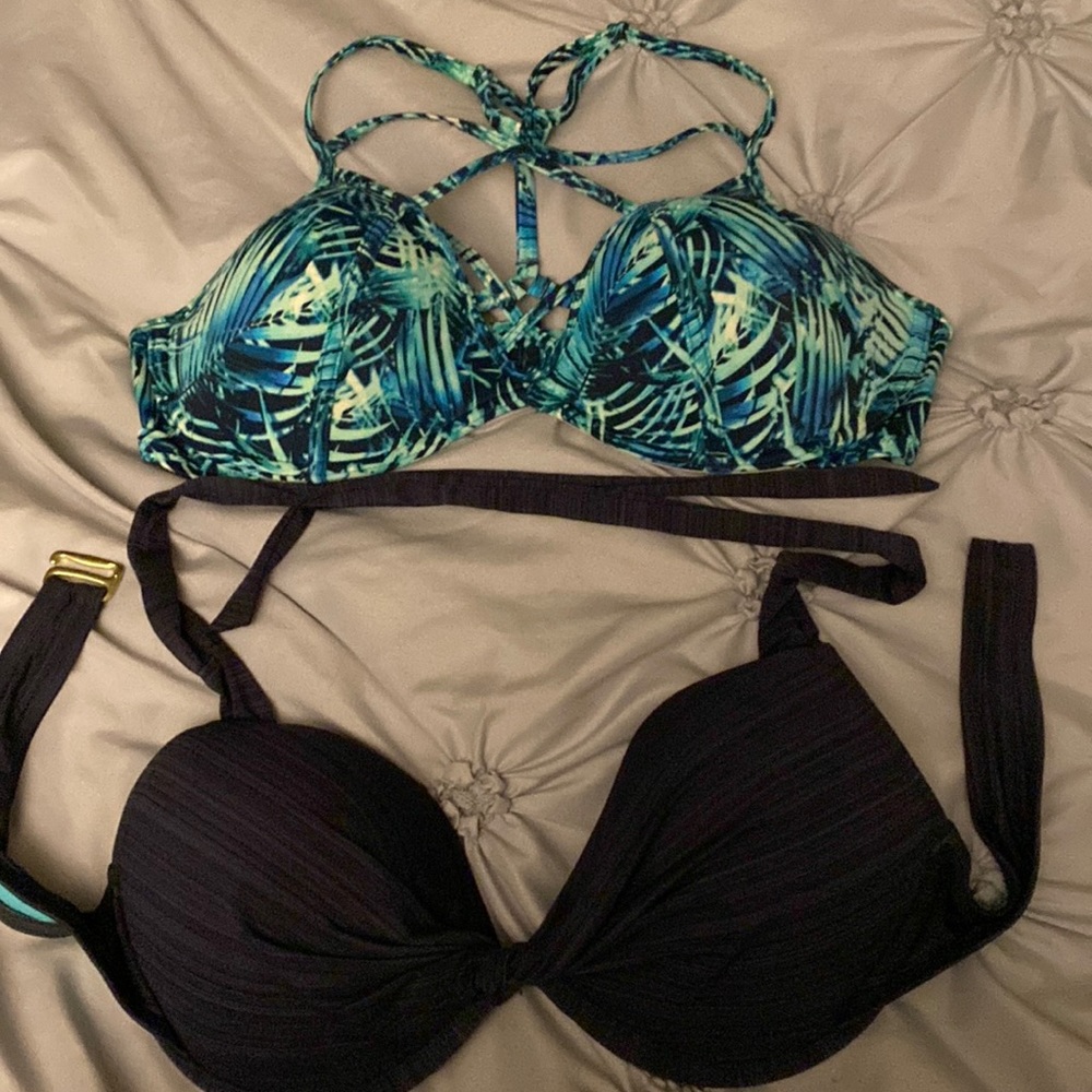2 bathing suit tops both wired size medium but cup size is a little bigger.
